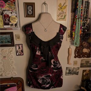 Y2K Ruffled Floral Print Sleeveless Blouse Women's 2XL Black Pink
